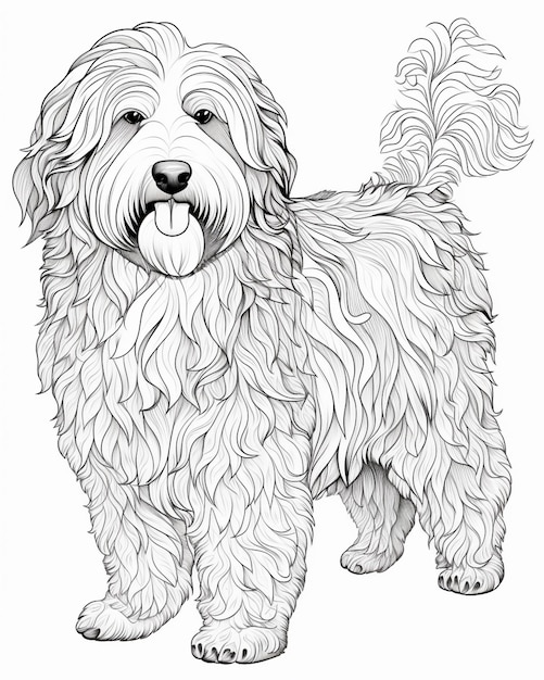 un dibujo en blanco y negro de un perro con pelo largo generativo ai
