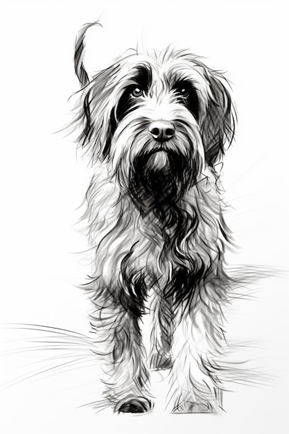 un dibujo en blanco y negro de un perro con el pelo largo generativo ai