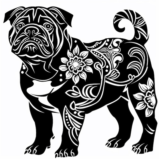 un dibujo en blanco y negro de un perro pug con un diseño floral generativo ai