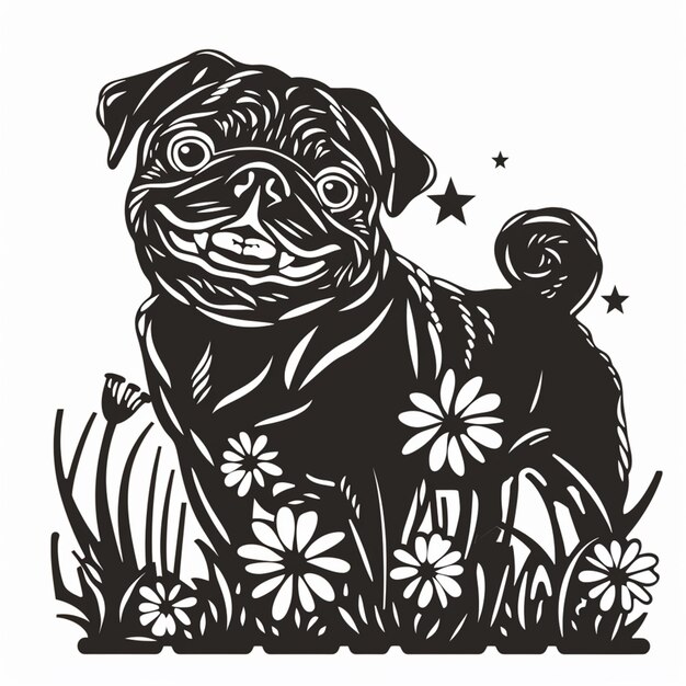 un dibujo en blanco y negro de un perro pug en el pasto generativo ai