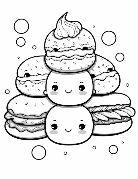 Un dibujo en blanco y negro de una pila de donas con una carita sonriente generativa ai