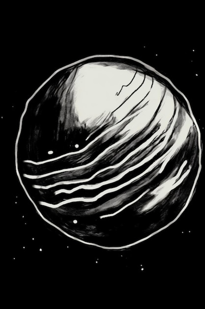 Un dibujo en blanco y negro de un planeta con la luna al fondo.