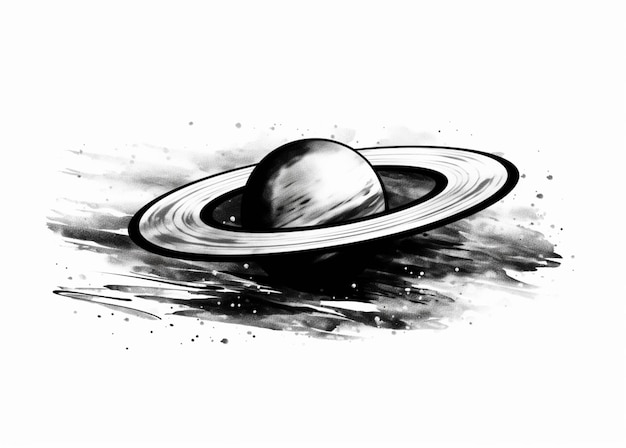 Un dibujo en blanco y negro de un planeta saturno con un anillo generativo ai