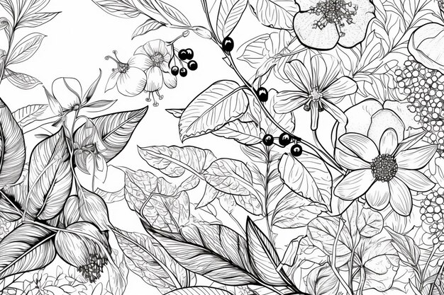 Un dibujo en blanco y negro de una planta con flores y hojas.