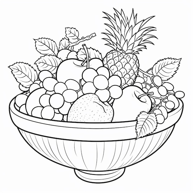 Foto un dibujo en blanco y negro de un plato de fruta con hojas ai generativo