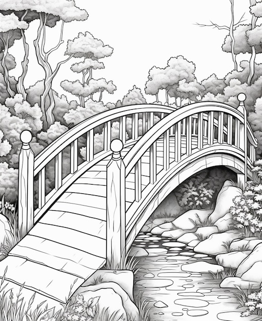 Un dibujo en blanco y negro de un puente sobre un arroyo generativo ai