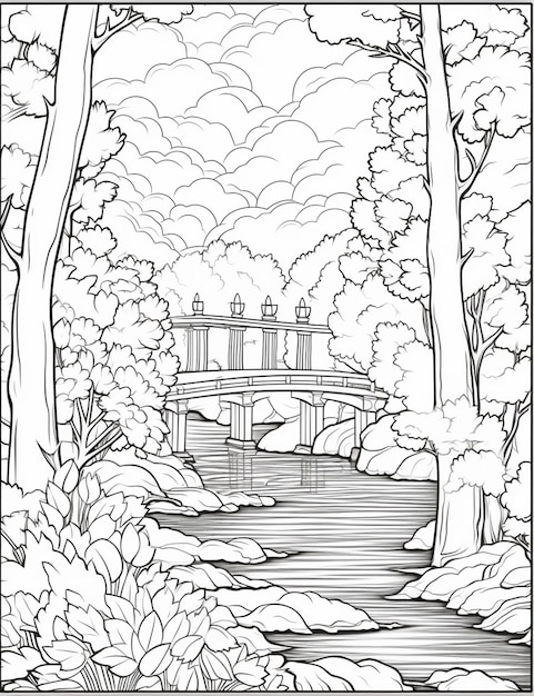 Un dibujo en blanco y negro de un puente sobre un río ai generativo