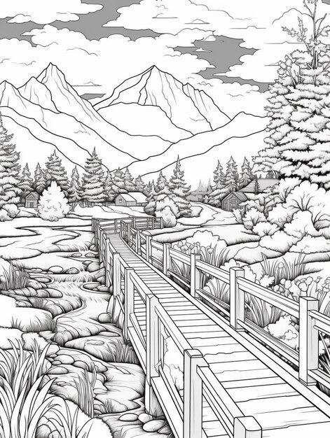 Foto un dibujo en blanco y negro de un puente sobre un río generativo ai
