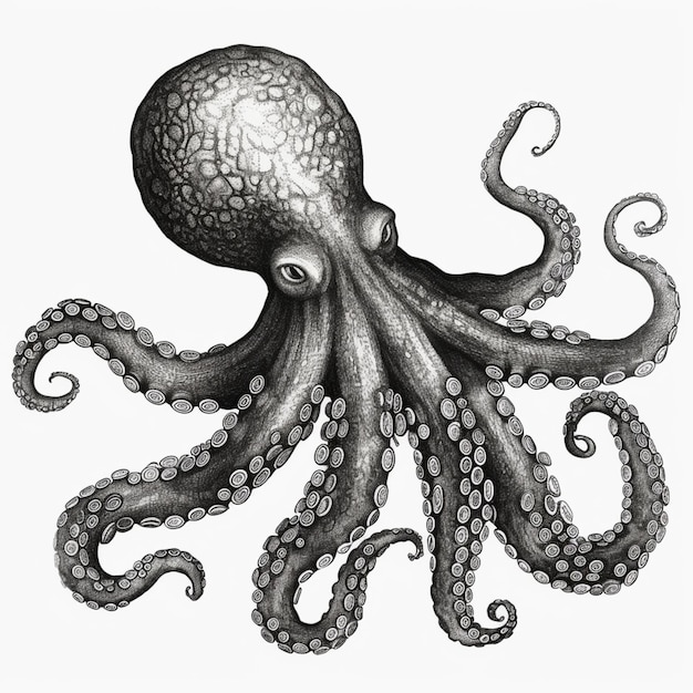 Un dibujo en blanco y negro de un pulpo con un contorno negro.