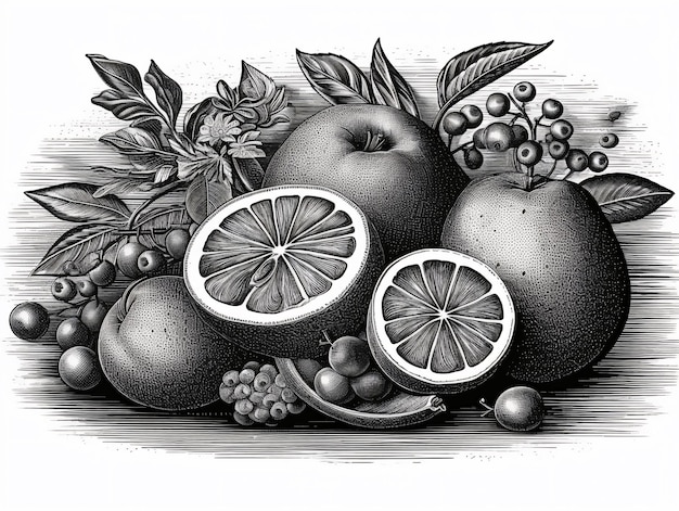 Dibujo en blanco y negro de un racimo de frutas en estilo de grabado en madera AI generado AI generativo AI generativ