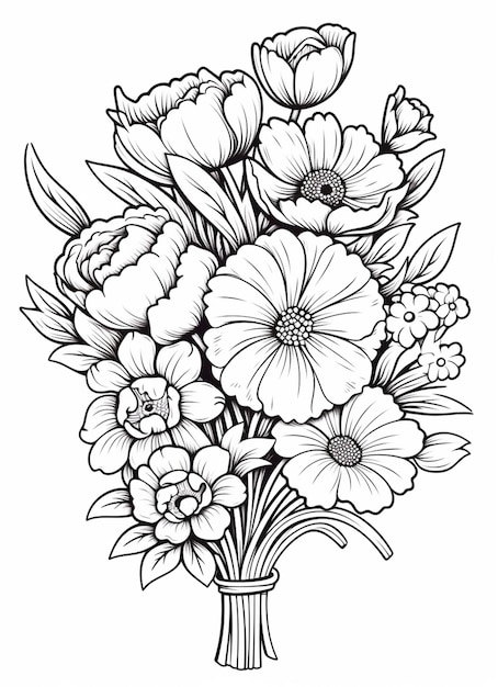 un dibujo en blanco y negro de un ramo de flores ai generativo