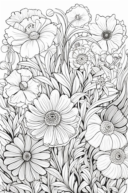 un dibujo en blanco y negro de un ramo de flores ai generativo