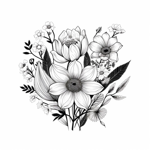 un dibujo en blanco y negro de un ramo de flores generativo ai