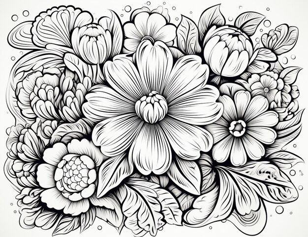 Foto un dibujo en blanco y negro de un ramo de flores generativo ai