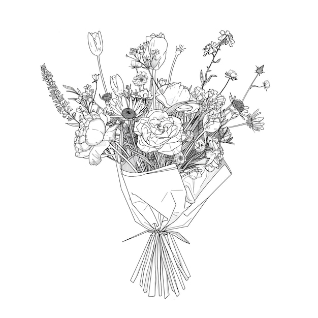 un dibujo en blanco y negro de un ramo de flores con un tenedor y un tenedor