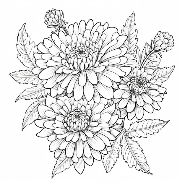 Dibujo en blanco y negro de un ramo de flores