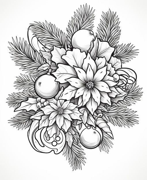 un dibujo en blanco y negro de un ramo de Navidad con poinsettis generativo ai