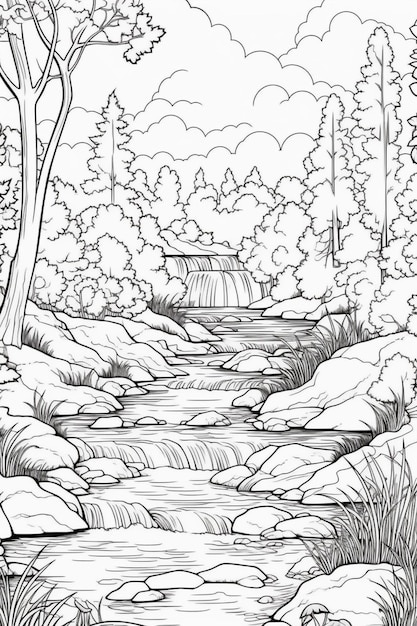 Un dibujo en blanco y negro de un río en el bosque generativo ai