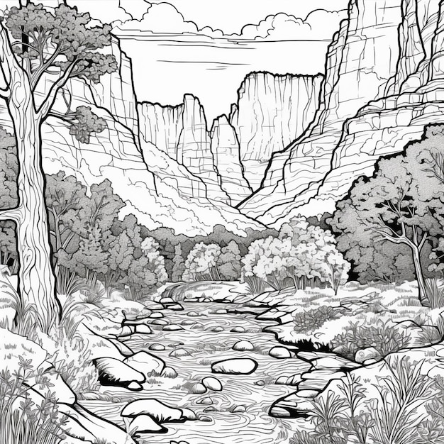 Dibujo en blanco y negro de un río en un cañón.