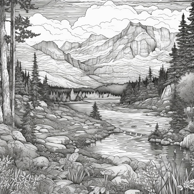Un dibujo en blanco y negro de un río con montañas al fondo.