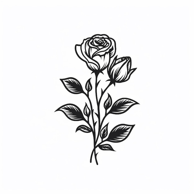 Foto un dibujo en blanco y negro de una rosa con hojas ai generativo.