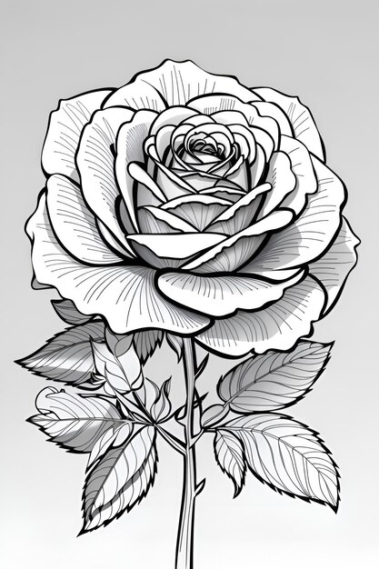 Dibujo en blanco y negro de una rosa con hojas Ilustración vectorial