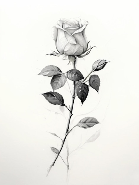 un dibujo en blanco y negro de una rosa con hojas