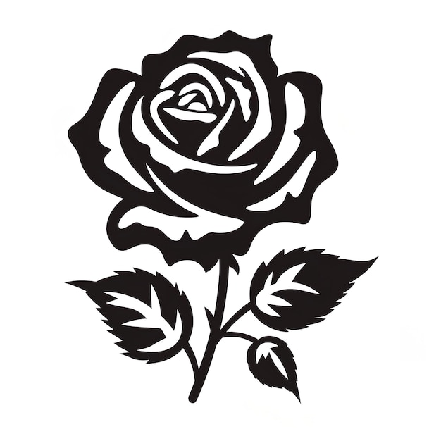 Un dibujo en blanco y negro de una rosa con hojas.