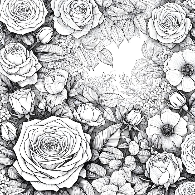 un dibujo en blanco y negro de rosas y hojas