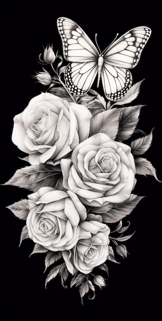 un dibujo en blanco y negro de rosas y una mariposa generativa ai