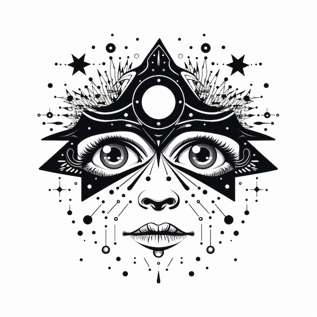 un dibujo en blanco y negro del rostro de una mujer con una estrella y una luna ai generativa