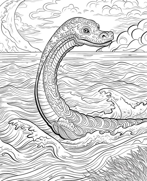 Foto un dibujo en blanco y negro de una serpiente marina en el océano