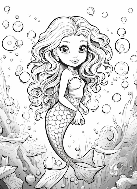 Un dibujo en blanco y negro de una sirena con pelo largo ai generativo.