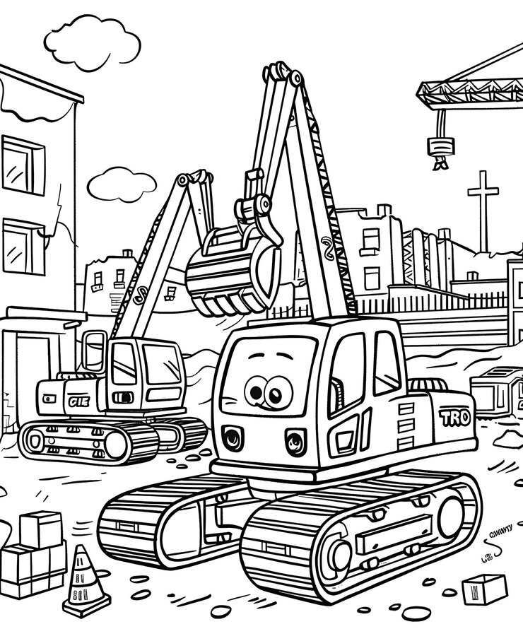 un dibujo en blanco y negro de un sitio de construcción con una excavadora