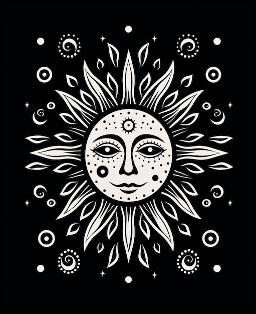 Foto un dibujo en blanco y negro de un sol con una cara ai generativa