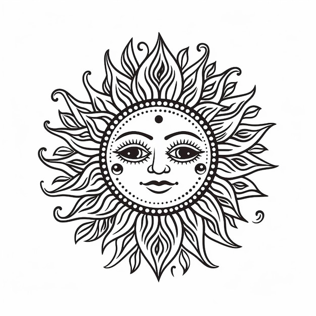 Foto un dibujo en blanco y negro de un sol con una cara generativa ai