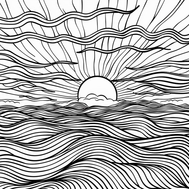 un dibujo en blanco y negro de un sol sobre un cuerpo de agua generativo ai