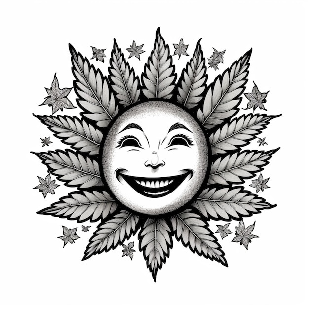 Foto un dibujo en blanco y negro de un sol sonriente con hojas generativas ai