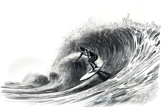 Dibujo en blanco y negro de un surfista sobre las olas Generado por IA