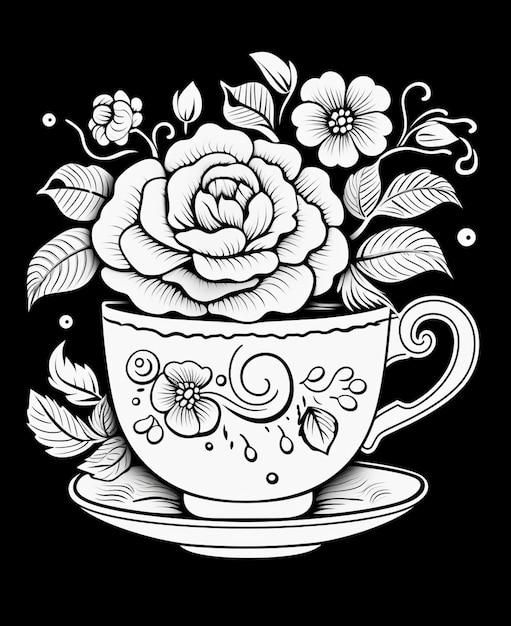 un dibujo en blanco y negro de una taza de té con flores ai generativo