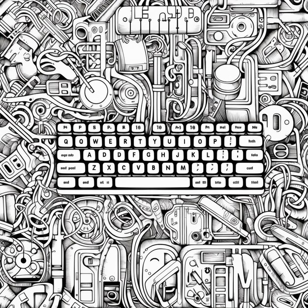un dibujo en blanco y negro de un teclado rodeado de varios objetos generativos ai
