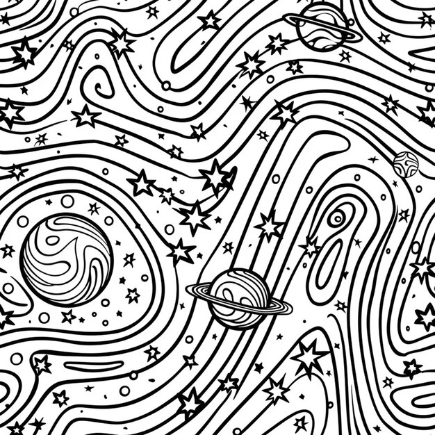 un dibujo en blanco y negro de un tema espacial con estrellas y planetas generativo ai
