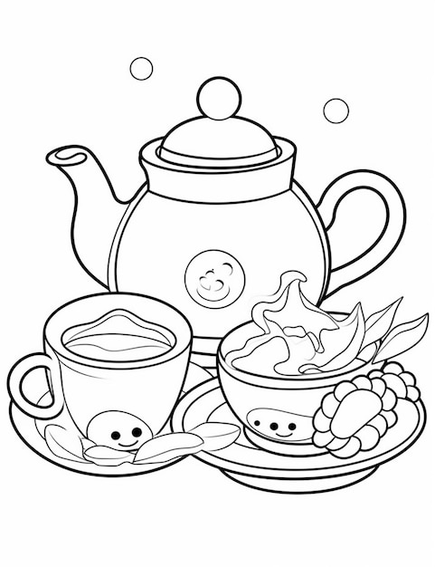 Un dibujo en blanco y negro de una tetera y una taza de té generativo ai