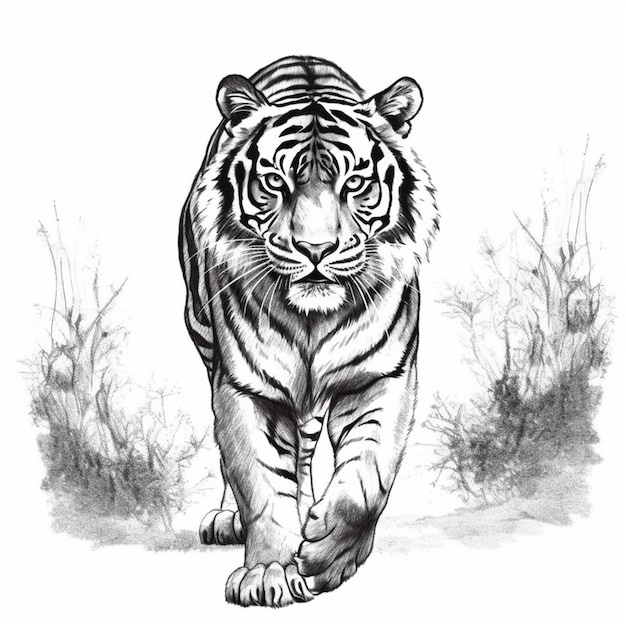 un dibujo en blanco y negro de un tigre caminando sobre la hierba ai generativo