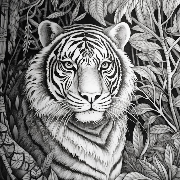 Un dibujo en blanco y negro de un tigre con cara de tigre.