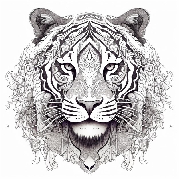 Un dibujo en blanco y negro de un tigre con un patrón floral generativo ai