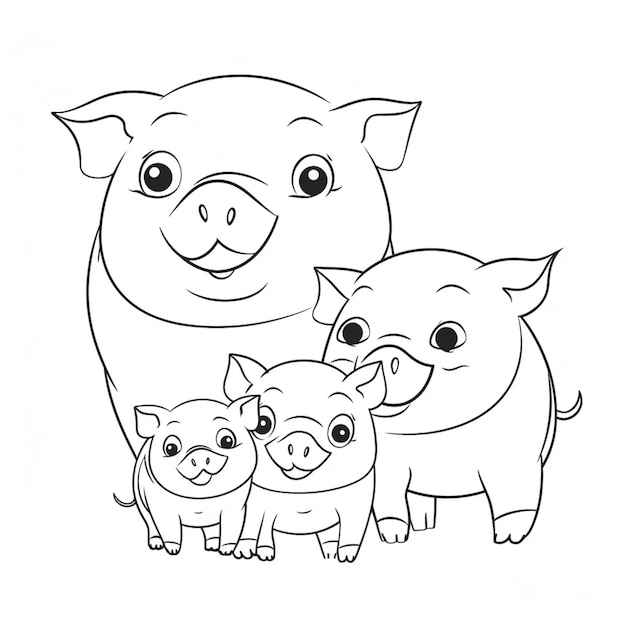 un dibujo en blanco y negro de tres cerdos con su madre generativa ai