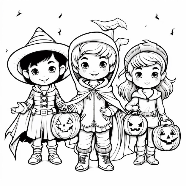 un dibujo en blanco y negro de tres niños disfrazados para halloween ai generativo