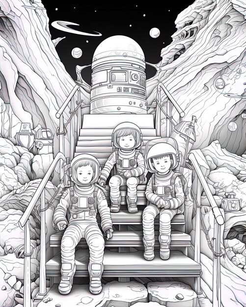 un dibujo en blanco y negro de tres niños en una escalera con una nave espacial en el fondo