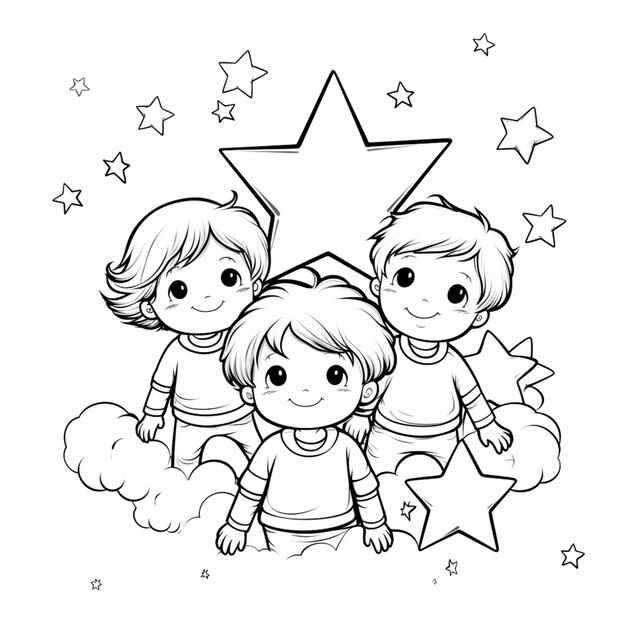 un dibujo en blanco y negro de tres niños con estrellas generativas ai